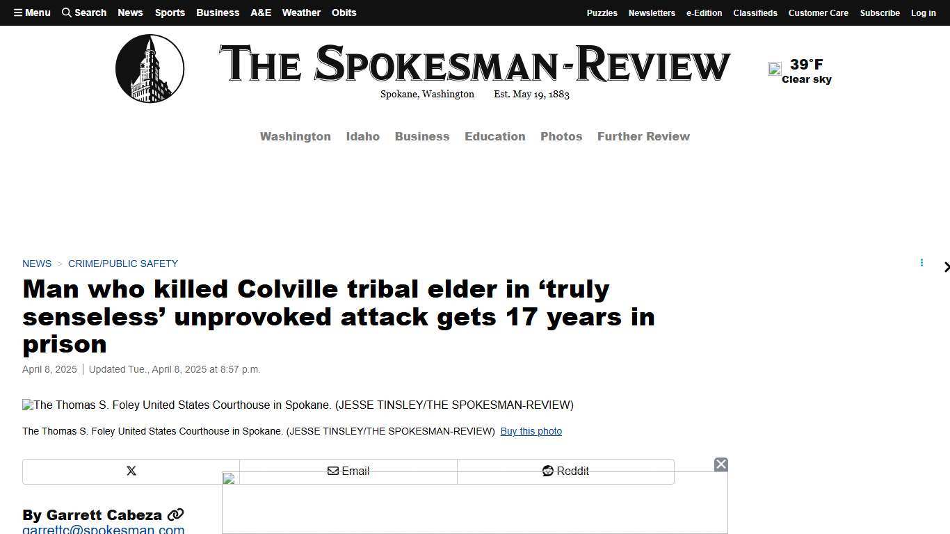 Man who killed Colville tribal elder in 'truly senseless' unprovoked attack gets 17 years in prison